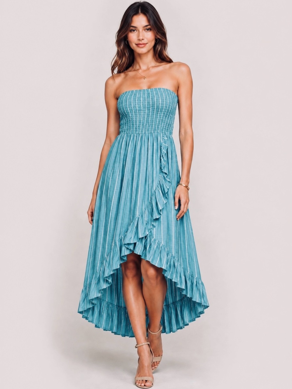Strapless Smocked Bodice High Low Tiered Ruffle Hemline Stripe Midi Dress Size M